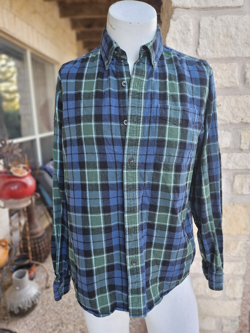 Vintage LL Bean Green Blue Plaid Flannel Shirt Traditional Fit Long Sleeve L